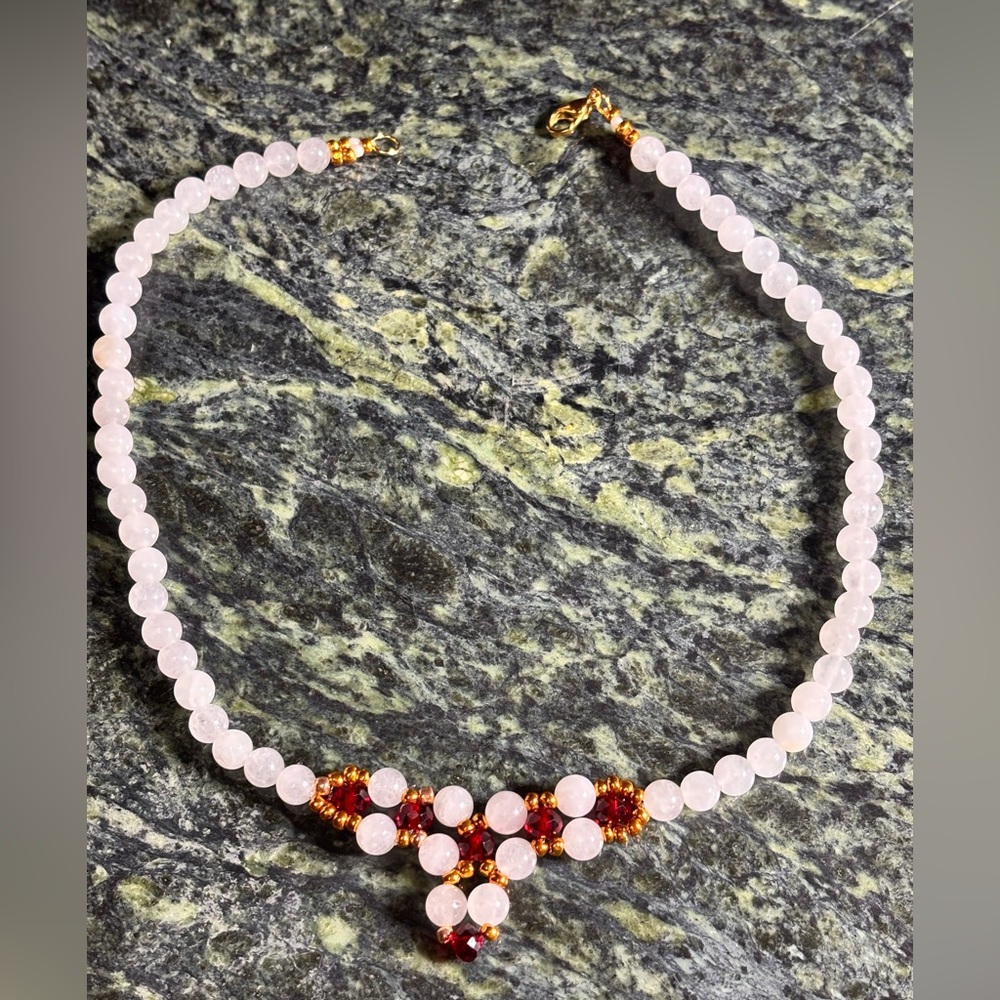White Jade Necklace embellished with Red and Gold Beads 16 inches. - Picture 5 of 7